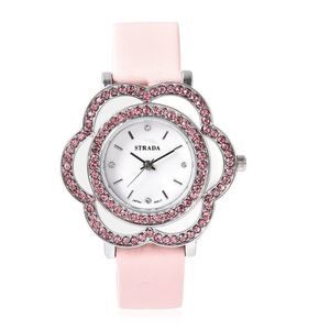 STRADA Watch Austrian Crystal Faux Leather Band Pink